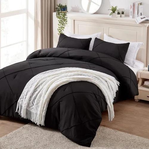 BYSURE Juego de 2 piezas de edredón individual (negro), juego de ropa de cama ligero con 2 fundas para almohadas, juego de edredón de plumón
