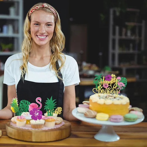 Miniatura 6 de Rsstarxi Paquete de 25 adornos tropicales para cupcakes Luau con decoración de pastel de flamenco de feliz cumpleaños, palmera, flamenco, piña
