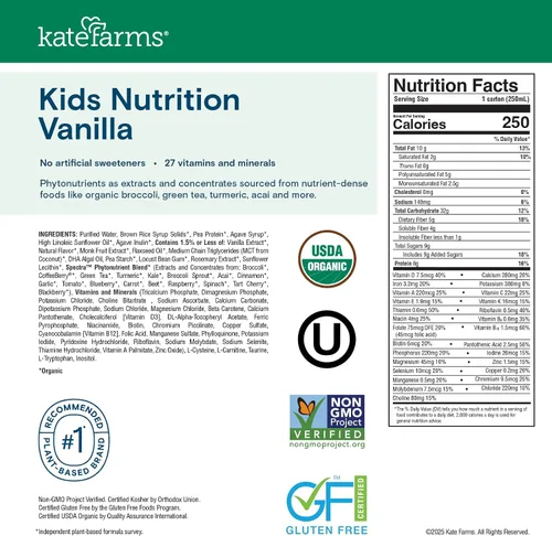 Miniatura 6 de KATE FARMS Batido de nutrición orgánica para niños sabor vainilla, 8g de proteína, 27 vitaminas y minerales, reemplazo de comida, sin gluten, sin