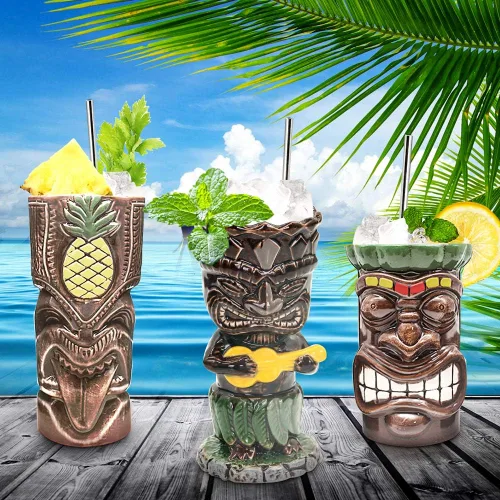 Miniatura 6 de SuproBarware Tiki - Juego de 4 tazas de cerámica hawaiana para fiesta, tazas grandes de fiesta Tiki para cócteles, bebidas tropicales de bar