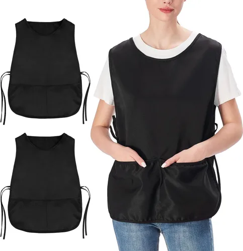 Jubatus Paquete de 2 delantales con 2 bolsillos para mujeres y hombres, tela de poliéster de secado rápido, color negro