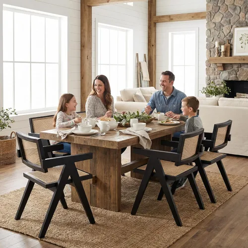 Miniatura 2 de Hyfirm Juego de 2 sillas de comedor de ratán negro, sillas de comedor de madera y caña de granja con asiento de bastón, sillones de cocina de ratán