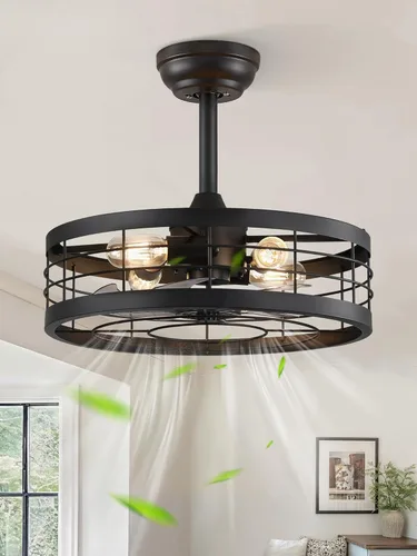 Miniatura 14 de LEDIARY - Ventilador de techo 16.5 pulgadas con jaula y luz, diseño industrial, estilo granja, para cocina, dormitorio, exterior, control remoto, 6