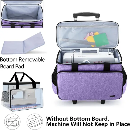 Miniatura 2 de Yarwo Funda de transporte mejorada para máquina de coser con ruedas, bolsa de mano desmontable con tabla inferior extraíble y pata de remolque Morado