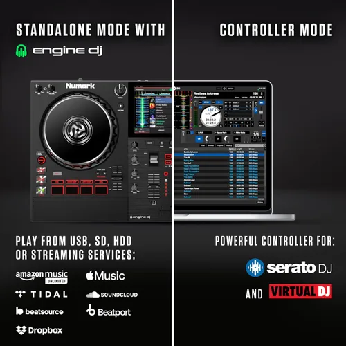 Miniatura 3 de Numark Controlador de DJ Mixstream Pro+ con Separación de Stems, 2 Decks, Transmisión Wi-Fi, Mezclador, Pantalla Táctil de 7", Altavoces, funciona