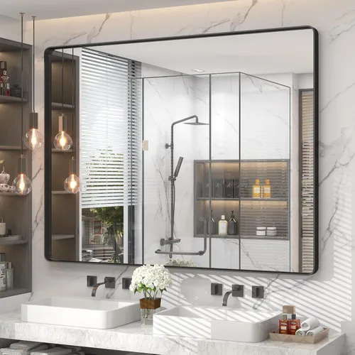 Miniatura 68 de Paquete de 2 espejos de baño con marco de metal negro de 22 x 30 pulgadas, espejo rectangular redondeado negro mate, antioxidante, se cuelga