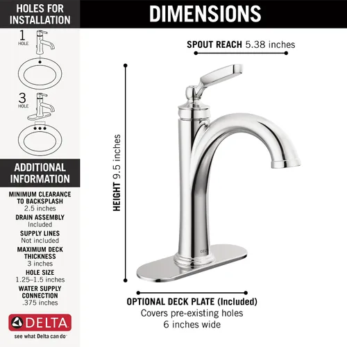 Miniatura 3 de Delta Woodhurst - Grifo de baño cromado de 1 agujero, grifo de lavabo de baño de un solo orificio para tocador, montaje de drenaje de metal