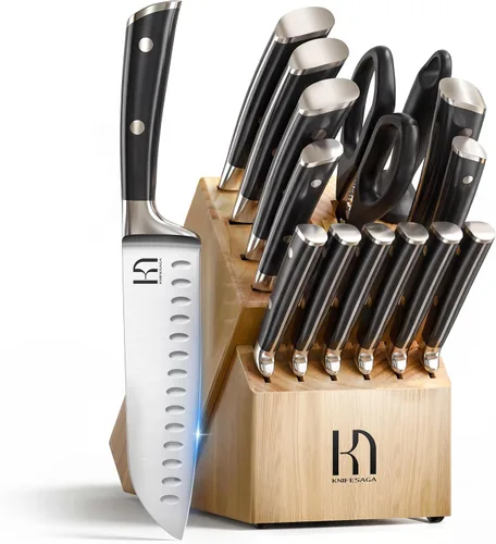 KnifeSaga Juego de cuchillos con bloque, juego de cuchillos de cocina japoneses de 15 piezas ultra afilados, juego de bloques de cuchillos de acero