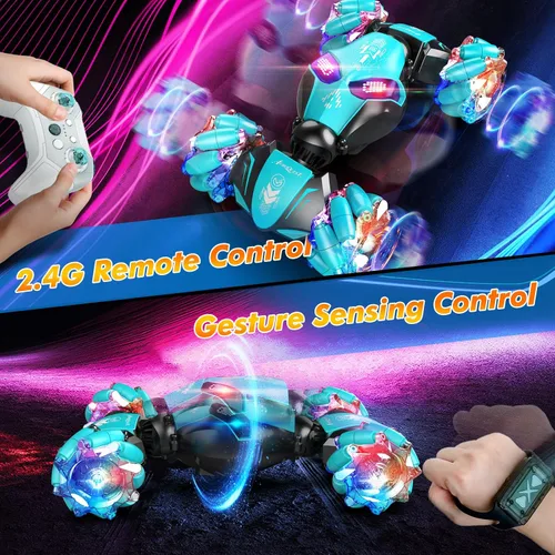 Miniatura 2 de AEROQUEST Auto de acrobacias RC azul para niños – Autos de control remoto todoterreno 4WD con detección de gestos, deriva de 360°, luces LED y Morado