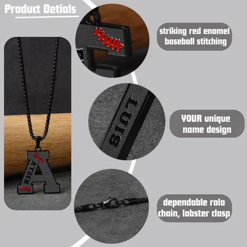 Miniatura 2 de Ldurian Collar personalizado con nombre de béisbol, cadena negra de acero inoxidable, collar con nombre deportivo, letra A-Z de 24 pulgadas, regalos