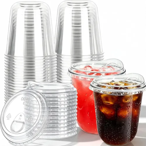 Paquete de 50 vasos de plástico transparente de 12 onzas con tapas para sorber, tazas de café helado desechables gruesas para llevar bebidas frías,