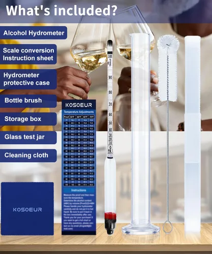 Miniatura 2 de Kit de medidor de alcohol hidrómetro, hidrómetro de alcohol 0-200 a prueba y Tralle, probador de alcohol para licor, hidrómetro de alcohol para luz