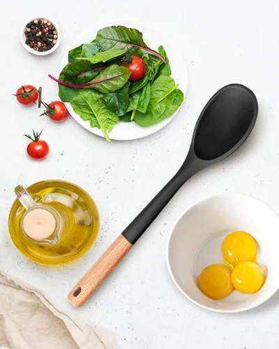 Miniatura 7 de Cucharas de cocina grandes de silicona, cuchara antiadherente con mango de madera maciza, cucharas de cocina de silicona resistentes al calor