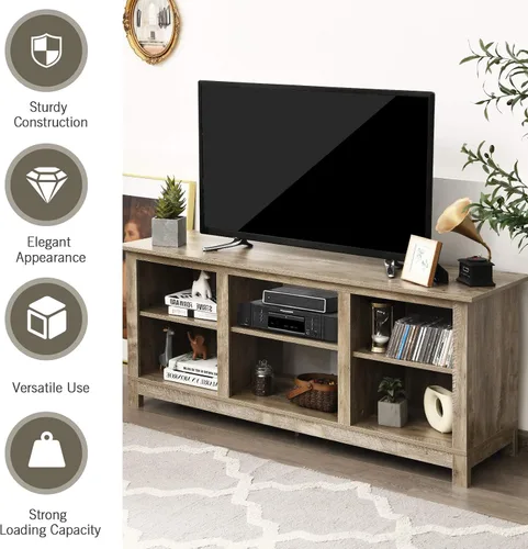 Miniatura 8 de Tangkula Soporte universal de madera de granja para TV de hasta 65 pulgadas, mesa consola de TV rústica con 6 estantes abiertos, centro