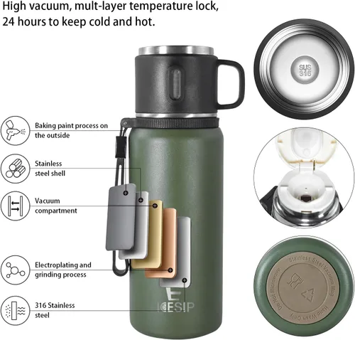 Miniatura 4 de Botella aislada de acero inoxidable, 27 onzas con taza, botella de agua aislada al vacío, termo para bebidas calientes/bebidas frías, viaje con Verde