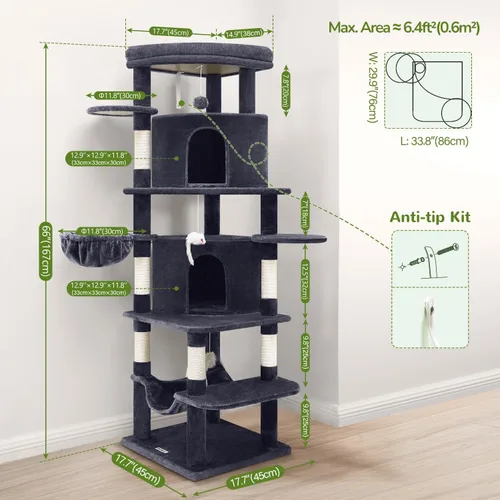 Miniatura 7 de Globlazer Árbol esquinero para gatos grandes, serie curvada de 66 pulgadas de alto, torre grande para gatos de interior con 6 postes rascadores, 2