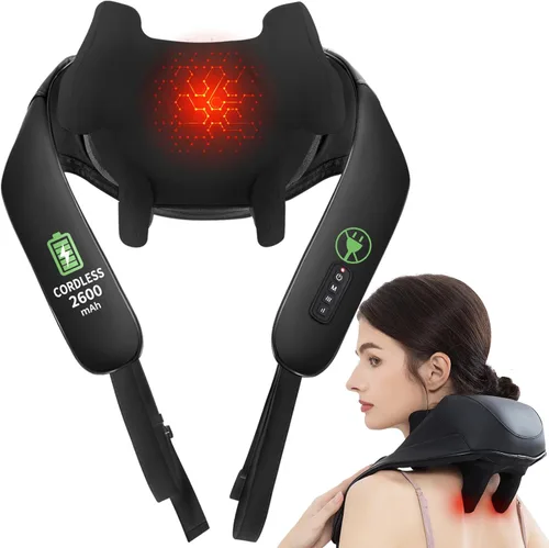 Miniatura 8 de MASGRE Masajeador Shiatsu de cuello y espalda con calor, masajeador de hombros inalámbrico mejorado de 2600mAh de amasamiento profundo 6D, almohada
