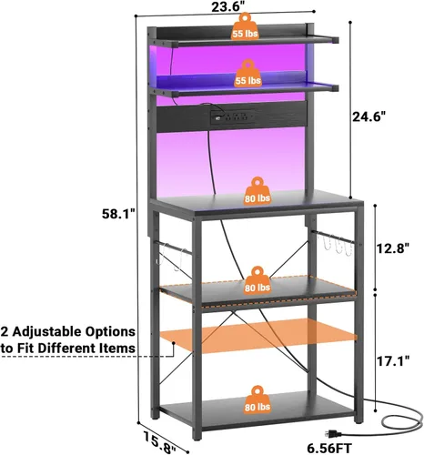 Miniatura 7 de Aheaplus - Estantería de cocina con toma de corriente, soporte para microondas, estación de café de 5 niveles con luces LED, estante