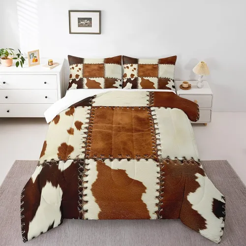 Miniatura 16 de Juego de edredón con estampado de vaca marrón para niñas y niños, edredón de plumón de piel de vaca de las tierras altas, ropa de cama de piel