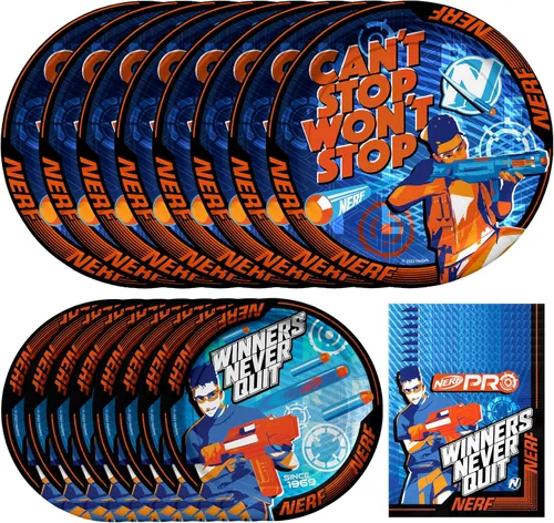 Treasures Gifted Suministros para fiesta de cumpleaños Nerf con licencia oficial, sirve para 16 invitados, juego de vajilla para principiantes,