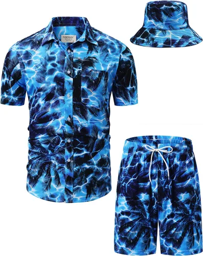 Miniatura 111 de TUNEVUSE Conjunto de camisas y pantalones cortos hawaianos para hombre, 2 piezas, trajes de playa con estampado de flores, traje tropical de verano