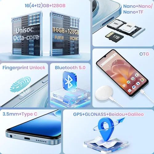 Miniatura 8 de FOSSIBOT Teléfono celular S5 Android 15 (2026), 16GB+128GB/2TB teléfono desbloqueado, pantalla de 6.88 pulgadas, batería 6000mAh 4G Dual Sim