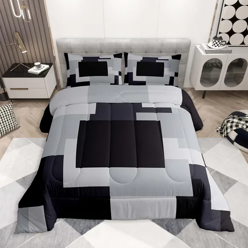 Miniatura 43 de jejeloiu Juego de edredón geométrico para niños, tamaño individual, diseño de rayas de color negro, blanco y gris, juego de ropa de cama decorativo