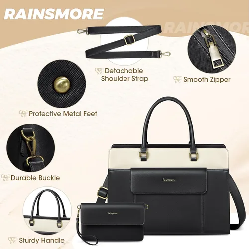 Miniatura 7 de RAINSMORE Bolsa de cuero para laptop de 15.6 pulgadas para mujer, bolsa de mano grande para computadora, impermeable, para negocios, oficina