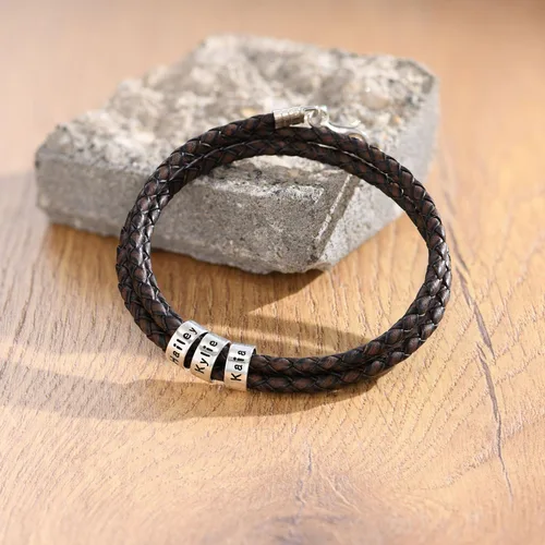 Miniatura 2 de Sett&Co - Personalized "Quest" BrownBlack Leather Bracelet With Up To 7 Custom Beads With Inscription - Sterling Silver 0.925, 18K Gold Plated