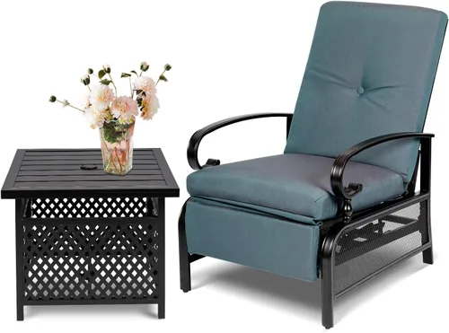 Miniatura 11 de Sillón ajustable para patio, sillón reclinable de metal automático con cojines extraíbles, color azul