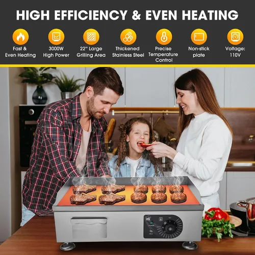 Miniatura 7 de WeChef 22 "Plancha comercial 3000 W Plancha eléctrica de encimera antiadherente plana de acero inoxidable ajustable restaurante parrilla control
