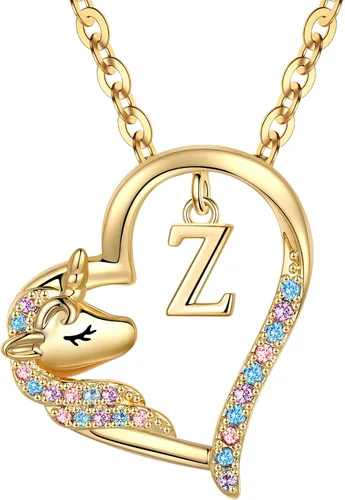 Miniatura 26 de Anoup Collar con inicial de unicornio, chapado en oro de 14 quilates, hipoalergénico con circonita cúbica, colgante de diamante simulado, joyería