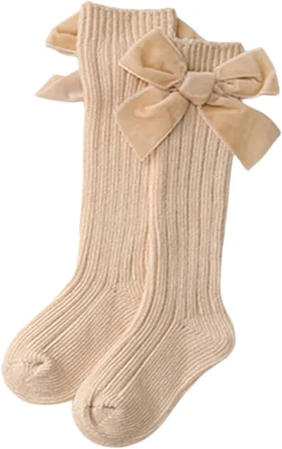 Miniatura 7 de Kayotuas Calcetines altos hasta la rodilla con lazos, calcetines de uniforme con volantes de tubo largo, calcetines de punto acanalado para bebés