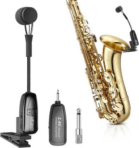 Miniatura 11 de Micrófono inalámbrico para saxofón, micrófonos UHF para saxofón, micrófono con clip de carga y pantalla digital, para trompeta, tuba, trombón