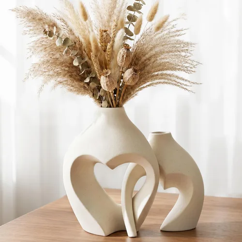 Zormon Jarrones blancos para decoración, juego de 2 jarrones de cerámica en forma de corazón, jarrones nórdicos en forma de corazón, jarrón Blanco