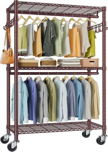 Miniatura 16 de VIPEK R2 Perchero de ropa resistente para colgar ropa, estante de prendas rodante ajustable con barras dobles y ganchos, armario independiente