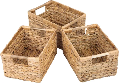 Miniatura 15 de Cesta de hierba marina natural con mango de madera, cesta de mimbre rectangular mediana para sala de estar, 12.2 x 8.9 x 6.7 pulgadas, paquete de 3
