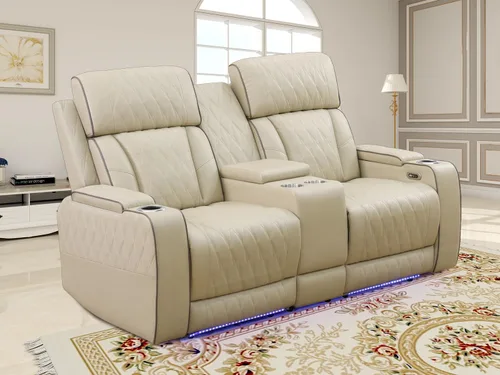 Miniatura 40 de Juego de sofá reclinable eléctrico, seccional de cuero transpirable beige, juego de muebles de sala de estar, 2 piezas, sofá reclinable eléctrico