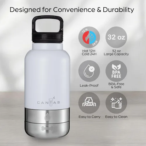 Miniatura 2 de Botella de agua para perros aislada de 32 onzas líquidas de acero inoxidable con tazones para comida y agua, dispensador de viaje para mascotas a