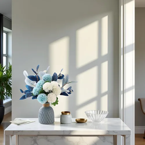 LADADA - Ramillete de flores artificiales azules en florero de cerámica, crisantemo de bola blanca y azul con eucalipto, decoración minimalista de