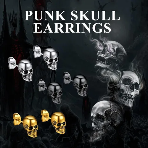 Miniatura 3 de Richsteel Aretes de calavera para mujer y hombre, góticos, de acero inoxidable, chapados en oronegro, pequeño aro punk de serpientedragón