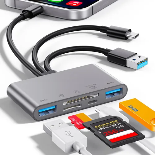 Miniatura 9 de Lector de tarjetas de memoria 5 en 1, adaptador USB OTG y lector de tarjetas SD para i-Phone/i-Pad, dispositivos USB C y USB A con ranuras