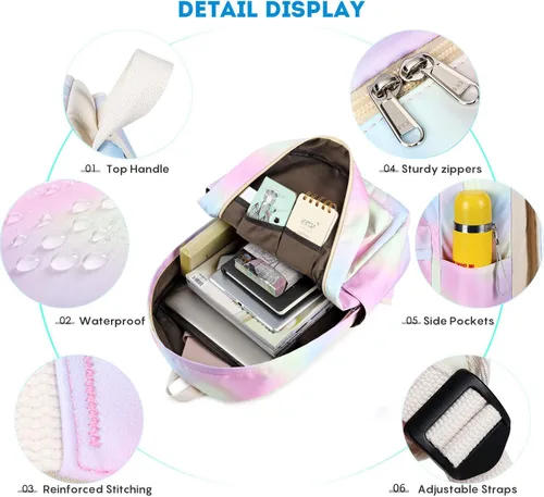 Miniatura 3 de Pawsky Mochila escolar para niñas, resistente al agua, mochila para laptop con bolsa de almuerzo y estuche para lápices