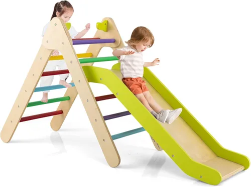 Miniatura 10 de HONEY JOY Arco de escalera de madera para escalar, escalera de escalada para niños 3 en 1 y tabla de columpio con almohadilla acolchada, juego