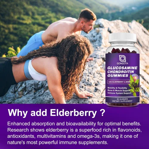 Miniatura 5 de Gomitas de condroitina de glucosamina, paquete de 3, extra fuerte de 1500 mg de glucosamina con MSM y saúco, apoyo de flexibilidad, el mejor 60