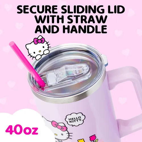 Miniatura 4 de Silver Buffalo - Vaso de acero inoxidable Sanrio Hello Kitty con flores de primavera y verano y rayas arcoíris, con asa y popote, compatible