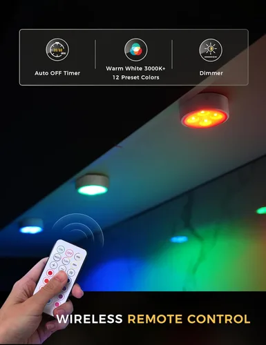 Miniatura 5 de Luces de disco con control remoto debajo del gabinete, luces de empuje que funcionan con pilas, mini luces LED sobre el gabinete, paquete de 2