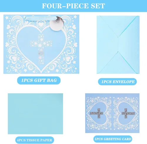 Miniatura 7 de JWSCYSY Bolsa de Regalo Grande de 32 cm Azul con Diseño de Cruz de Estrella Plateada Metálica, Tarjeta y Papel de Seda para Bautizos, Bautismos