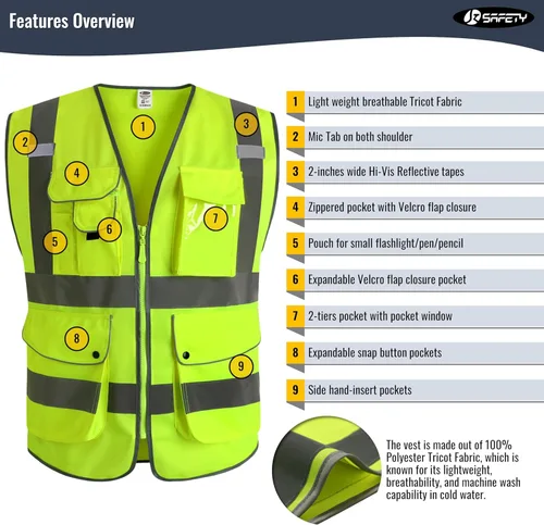 Miniatura 3 de JKSafety Chaleco de seguridad frontal con cremallera de alta visibilidad clase 2 con 9 bolsillos y tiras reflectantes, cumple con las normas Amarillo