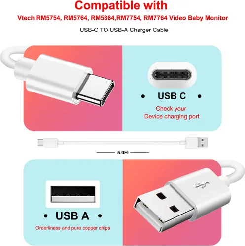 Miniatura 2 de Cargador adaptador de CA de 5 V y cable de carga USB tipo C de 5 pies compatible con Medela Freestyle Flex Swing Maxi Pump, Vtech RM5754 RM5764